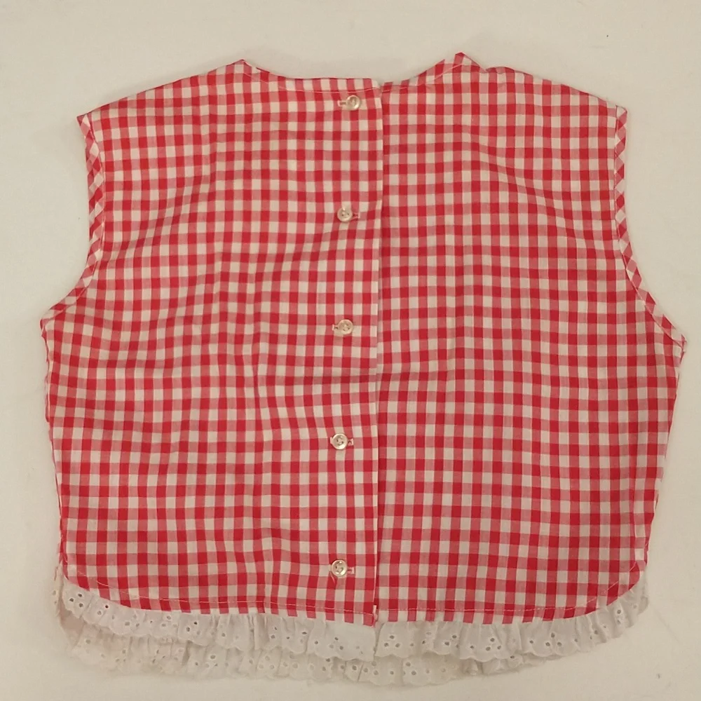 70s Vintage Gingham Check Crop Blouse Sleeveless Classic Red & White Lace Trim - Picture 8 of 8